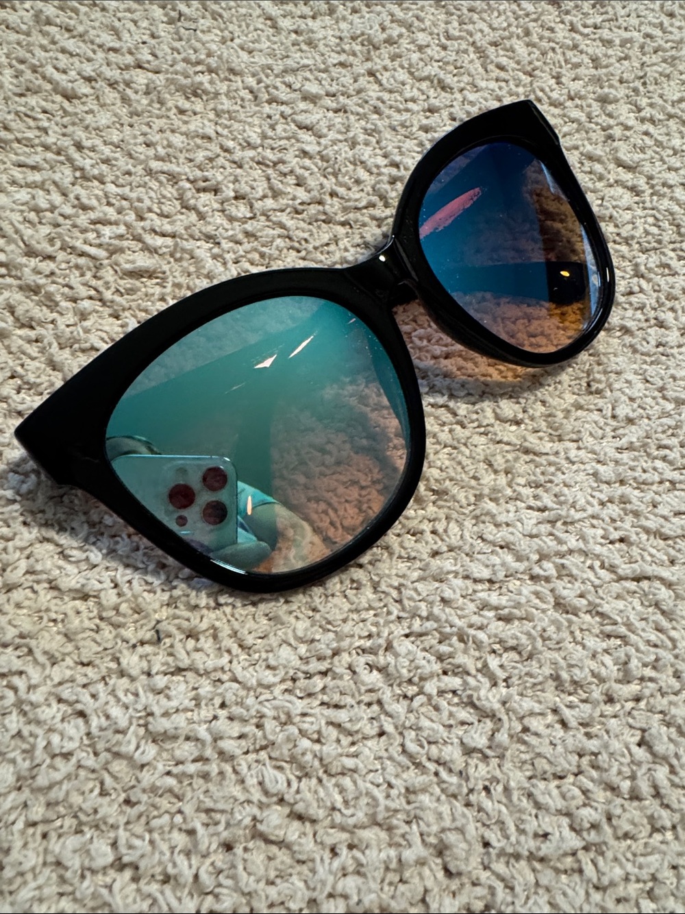 Classic Black Frame Sunglasses with Blue-Green Mirrored Lenses oversized cat eye